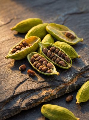 [400×400px | 72dpi | JPG] Macro food photography: bright green cardamom pods split open revealing rows of small dark aromatic seeds, arranged on aged dark slate, dramatic side lighting from the left, warm amber highlights, ultra-sharp macro detail, editorial style, no text