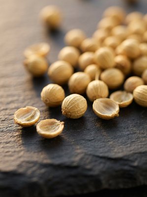 [400×400px | 72dpi | JPG] Macro food photography: coriander seeds close-up, pale golden-tan round seeds with subtle ridged texture, some whole and some split revealing interior, arranged on dark slate, warm soft side lighting, editorial macro style, no text
