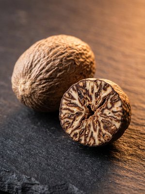 [400×400px | 72dpi | JPG] Macro food photography: whole nutmeg showing oval form with rough mottled surface, placed next to a cross-section slice revealing the intricate marbled interior pattern, dark slate background, warm dramatic side lighting, editorial macro style, no text