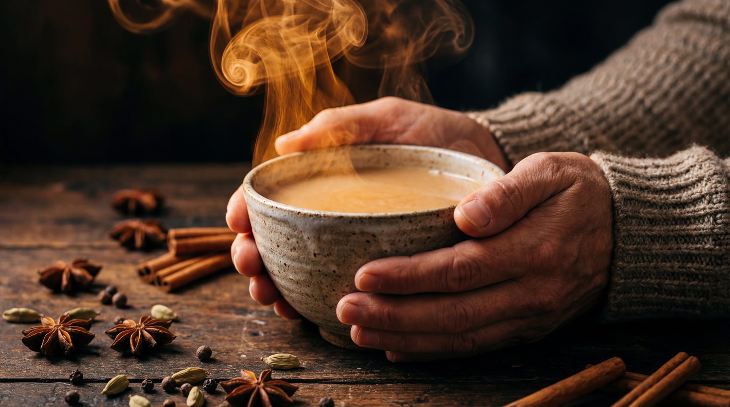 [1920×800px | 72dpi | JPG] Professional food photography: hands cupping a steaming chai in a ceramic bowl, warm amber steam rising, dark moody background, intimate editorial style, shallow depth of field